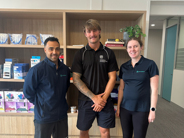 Student standing with the 2 Exercise Physiologists from P4 Movement in Wollongong